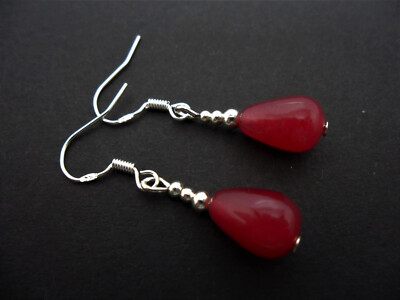 A PAIR OF RED JADE TEARDROP  EARRINGS WITH 925 SOLID SILVER HOOKS. NEW..
