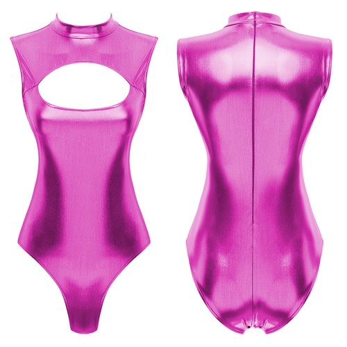 Women Wet Look Cap Sleeve Leotard Bodysuit Faux Leather Cosplay Party Costume - Picture 65 of 83