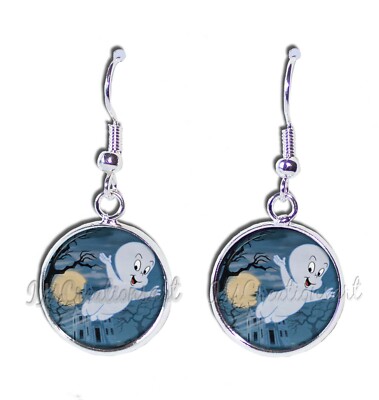 Casper the Friendly Ghost Halloween Fun - Handmade Round Resin Dangling Earrings