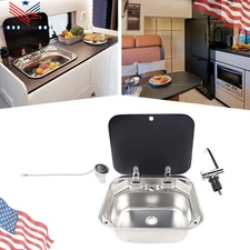 Stainless Steel Hand Wash Basin w/ Glass Lid & Faucet,RV Caravan Camper Sink