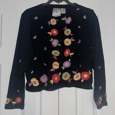 Michael Simon Lite SZ M Black Multicolor Flower Cotton Cardigan Retro 90s EUC