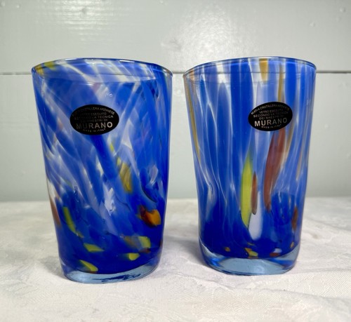 Murano Vetro Eseguito Blue Confetti Indented Drinking Glasses 2 Hand Blown NEW - Picture 1 of 9
