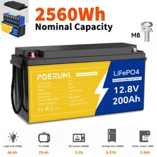 POERUNI 200Ah LiFePO4 Lithium Battery 12V 200Ah BMS Deep Cycle for RV Off-grid