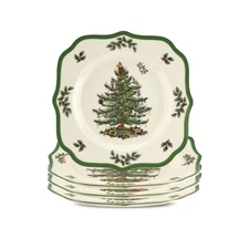 Spode Christmas Tree Scalloped Salad Plates Set of 4, 9 Inch