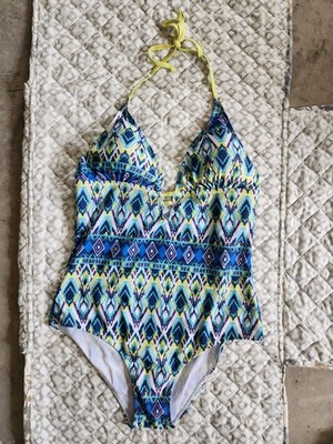 Bobbie Brooks NWT 1pc Ladies Swimsuit Sz 1X Halter Navy Teal HiVis Yellow/Green