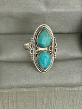 VTG Navajo Sterling Silver 925 Two Stone Turquoise Teardrop Statement Ring Sz 8