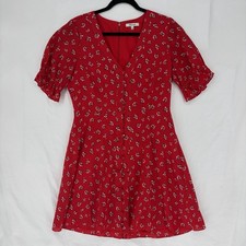 Madewell Babydoll Dress Red Floral Sz 8 100% Silk 90s Style V-Neck Button Front