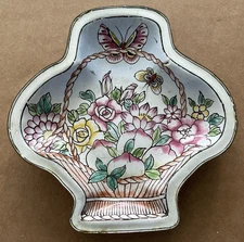 Vintage MCM Enamel on Copper Metal Trinket Dish Basket Bouquet Flowers #13