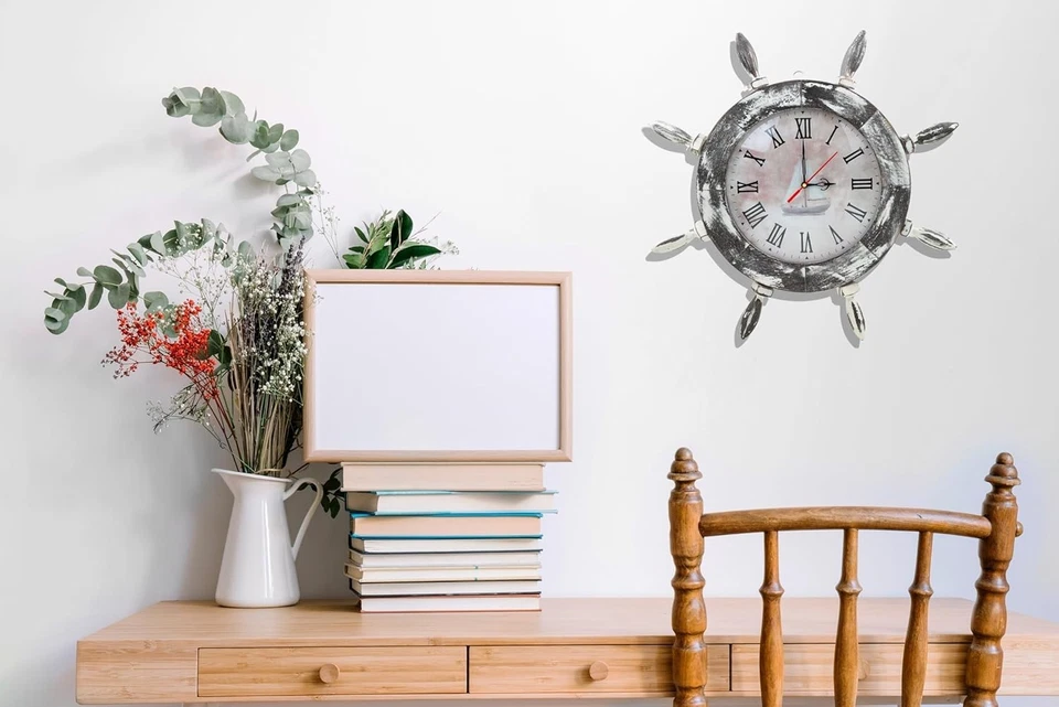 Antiguo reloj de pared rústico blanco y gris rueda de barco esfera náutica barco pirata 12" Foto 2 de 4