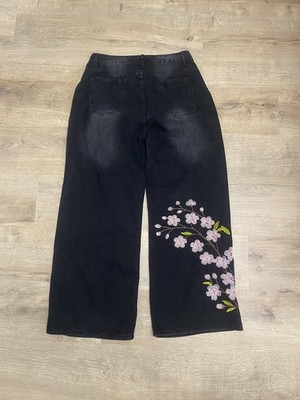 Sakura Jeans Wide Leg Baggy Damen Kirschblüten Y2K Streetwear Schwarz Blau NEU