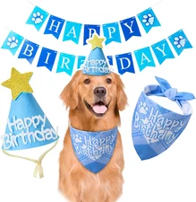 Dog Birthday Party Decoration, Pet Birthday Bandana Set - Includes Birthday Hat 