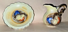 Artmark Vintage Miniature Porcelain Pitcher & Basin Bowl with Fruit & Gold Trim