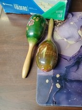 Pair Vintage Wood Maracas 11" Hand Painted Etched Floral Percussion Instrument