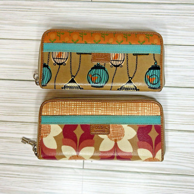 Pair of Fossil Key Per Wallets Birdcage Floral Coated Canvas Zip Around Lot of 2