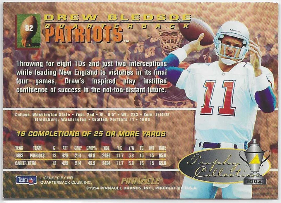 1994 Pinnacle Trophy Collection Patriots Football Card #92 Drew Bledsoe EX - Image 2 of 2