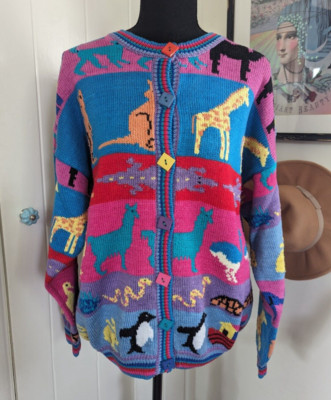 VTG Christine Foley Noah s Ark Knit Sweater 2 8 10 12 Animals Rainbow Whimsical
