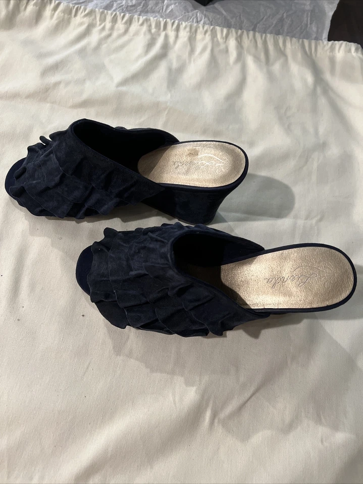 Liendo Seychelles Ronda Cuñas Zapatos Azul Gamuza Volantes Anthropologie Dedos Abiertos 8 Foto 3 de 4