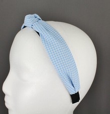 Blue White turban knot headband plaid grid fabric covered band grip teeth