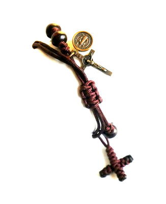 Brown Ros. Bracelet with Brass Tone S. Benedict Crucifix & Medal + Woven Cross