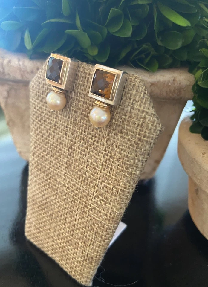 Michael Dawkins винтажное серебро 925/14k топаз и жемчуг серьги ~ красивый - Изображение 3 из 4