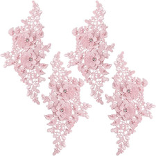 4Pcs Pink Floral Embroidery Applique Beaded Flower Rhinestone Appliques 3D Polye