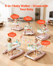 5-in-1 Baby Walker, Folding Baby Activity Center on Wheels, Height Adjustable R