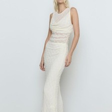 SOVERE Love Cowl Mesh Dress in Cream off white sleeveless mesh sheer ruched maxi