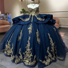 Navy Blue Shiny Quinceanera Dresses Gold Applique Lace Beading Bow Tull Sweet 16