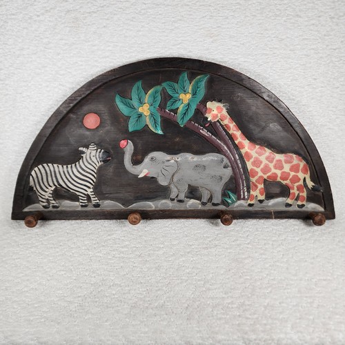 Vintage Hand Carved Painted African SAFARI Animals Kids Coat Hat & Rack Nursery 