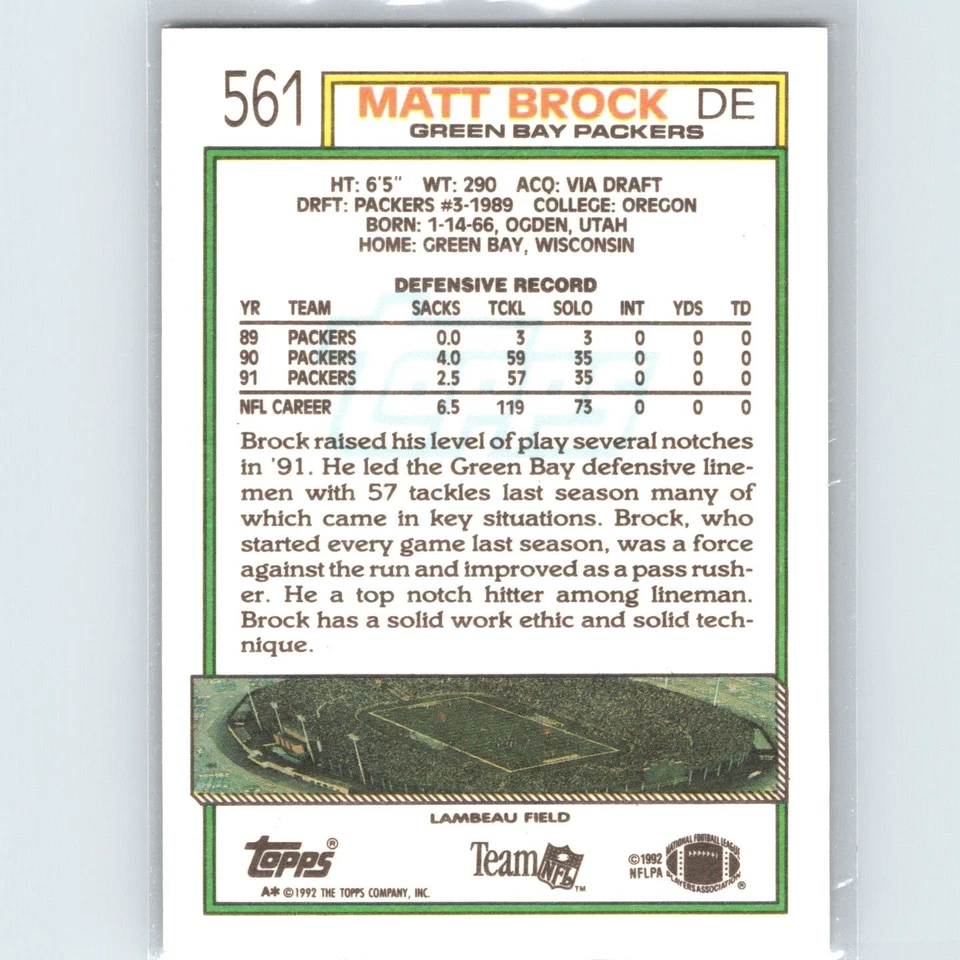 1992 Topps - Matt Brock #561 - Green Bay Packers - Image 2 of 2
