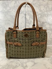 Tommy Hilfiger Monogram Tote Bag Green  Tan Canvas Leather Trim Purse