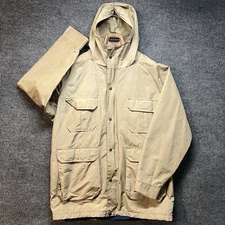 Vintage Woolrich Tan Lined Chore Jacket Hooded Size Large Made In USA 