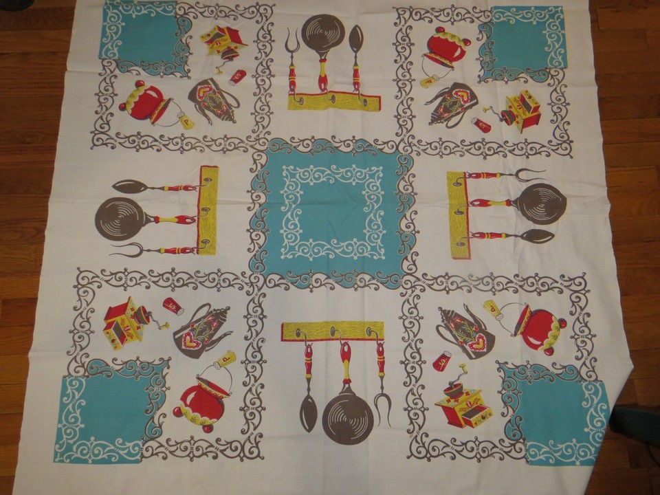 A 1950s tablecloth printed with coffee grinders, salt shakers, and pans is peak mid-century kitchen charm — functional art you can actually eat on.