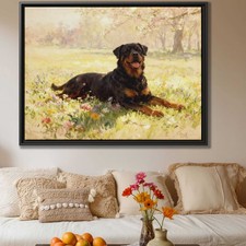 Rottweiler Oil Painting Wall Art Dog Artwork Floral Still Life Canvas Decor