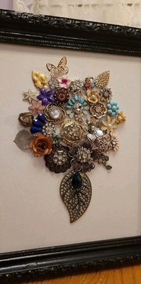 Vintage Jewelry Art Unique Framed Handmade Original Flowers Rhinestone Decor