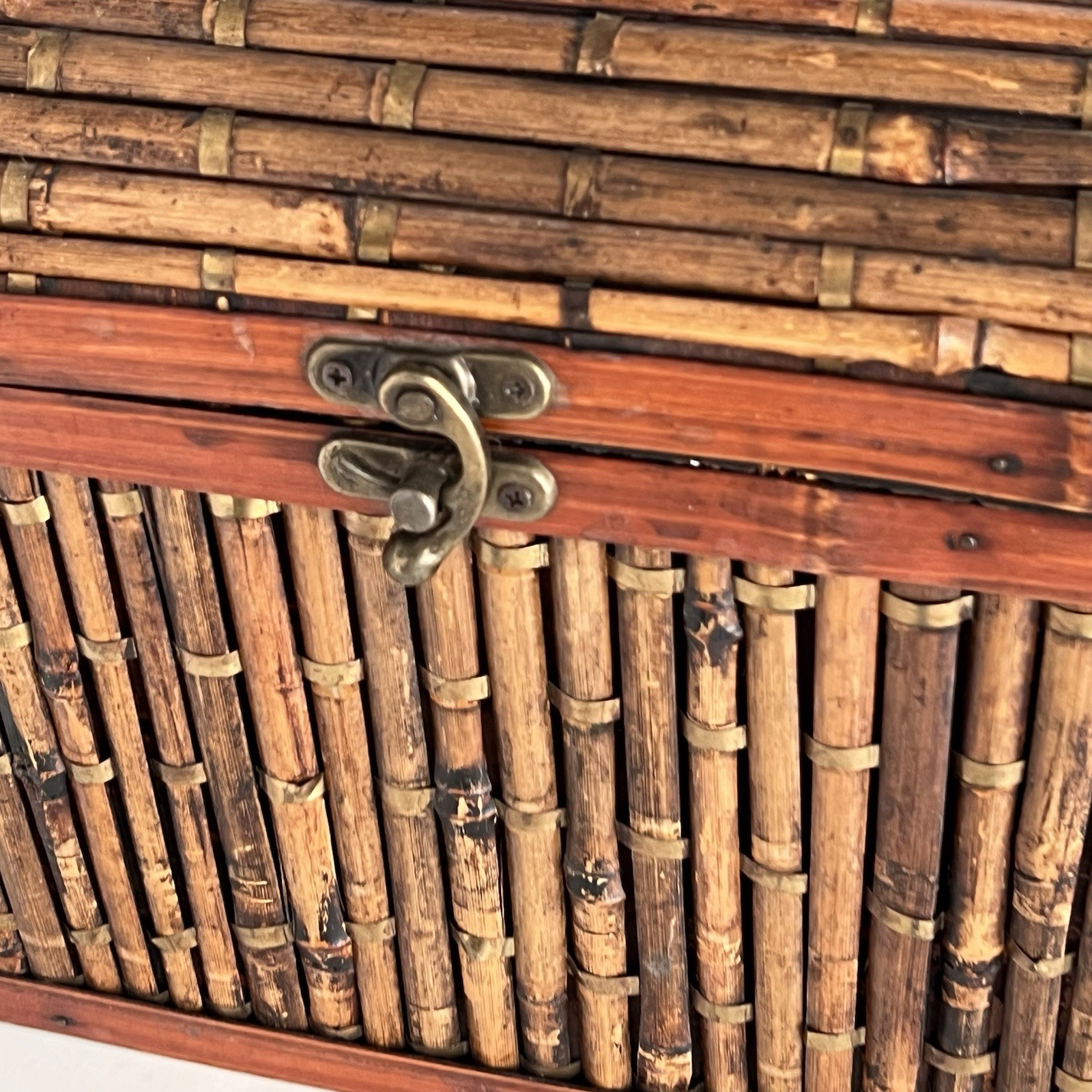 Bamboo & Tin Chest Trunk With Metal Latch & Dome Lid Boho Cottage Cabin 10”