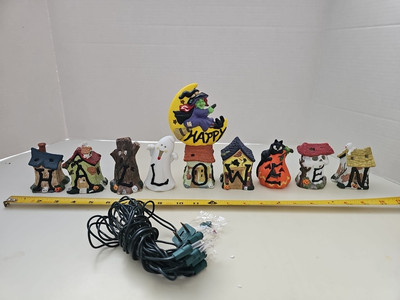 Happy Halloween Fairy Porcelain Figures Mini Lights Ghosts Cat Witch Skull Set