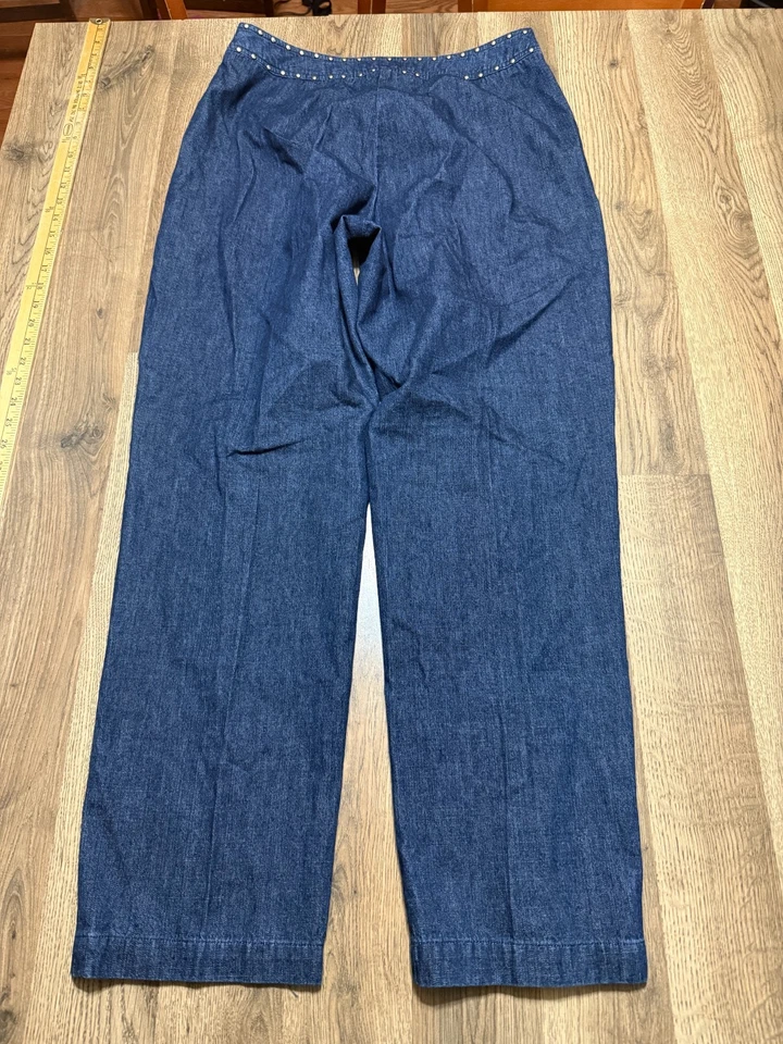 Calça jeans Josephine Chaus feminina tamanho 14 zíper lateral botões prata 40" comprimento - Imagem 2 de 4