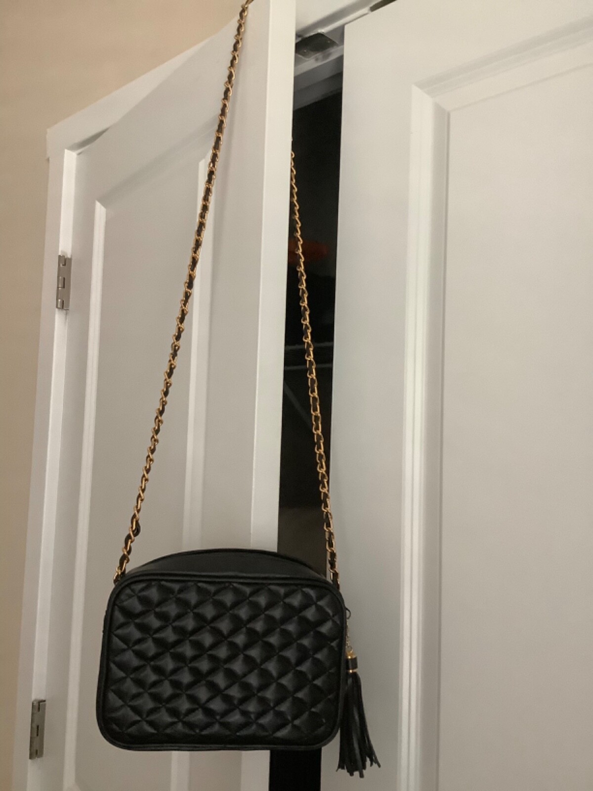 Crossbody Bag Chain braided strap in gold and black leather , Small-image