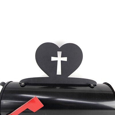 Cross on a Heart Metal Mailbox Topper 7.5 Inches Tall Matte Black
