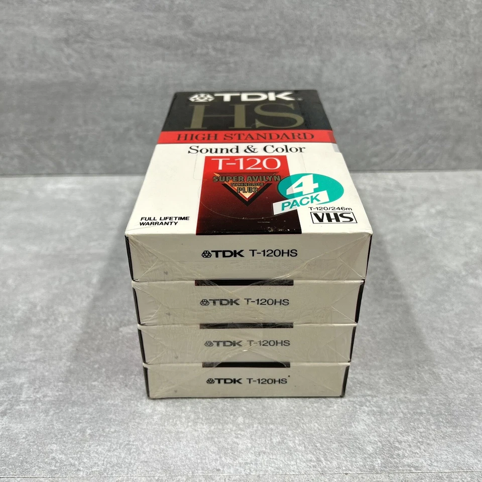 Nuevo en caja Nuevo TDK T-120 Paquete de 4 cintas de video VHS en blanco envueltas selladas de fábrica Foto 4 de 4