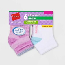 Hanes Premium Baby Girls' Multicolor 6pk Comfort Soft Ankle Socks Size 12-24M