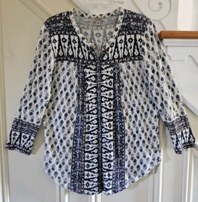 Lucky Brand Aztec Floral Block Print Button Up Top Placement Print Cotton Size L