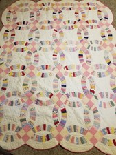 Vintage 1930s Flour Sack Double Wedding Ring Antique Quilt Hand Stitched 69x88