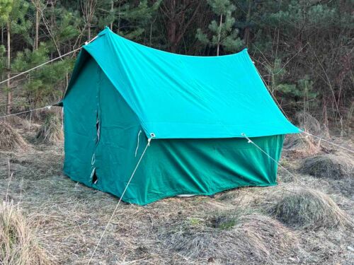 Vintage Turquoise Camping Tent House USSR 2 Person 1983 Full Set Wooden Poles - Zdjęcie 1 z 24