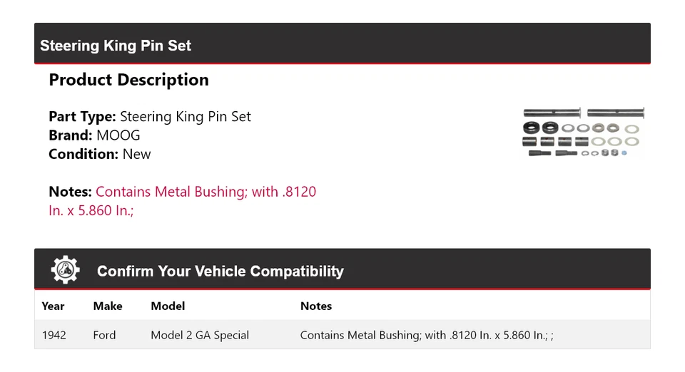 Juego de pasadores King de dirección especial MOOG para Ford Modelo 2 GA 1942 Foto 2 de 3