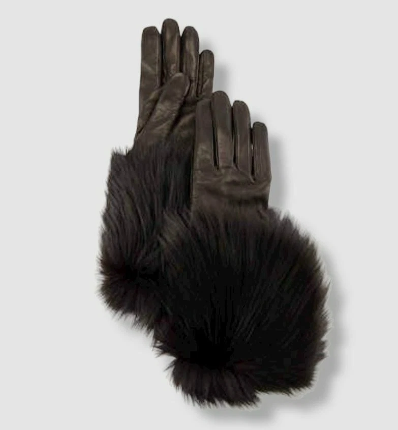 $330 Mario Portolano Women's Black Faux Fur Leather Winter Gloves Size 8 1/2