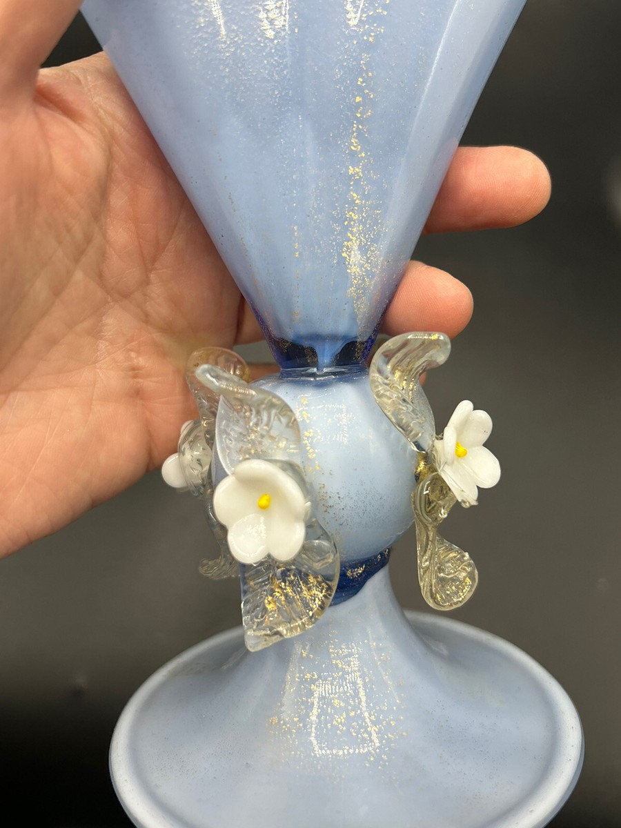 Venetian Italy Blue Gold Flecks Fan Vase Flowers Labeled FBS