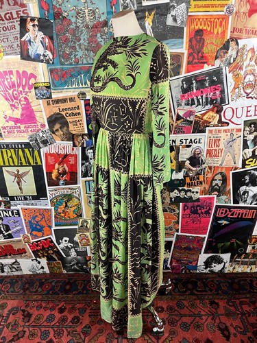 Vtg 60s Green Asian Dragon Novelty Print Hostess Maxi Dress Scarf 2XS Retro - Picture 9 of 21