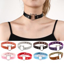 Women Choker Faux Leather Necklace Metal Cat Kitten Face Jewellery - 9 COLOURS